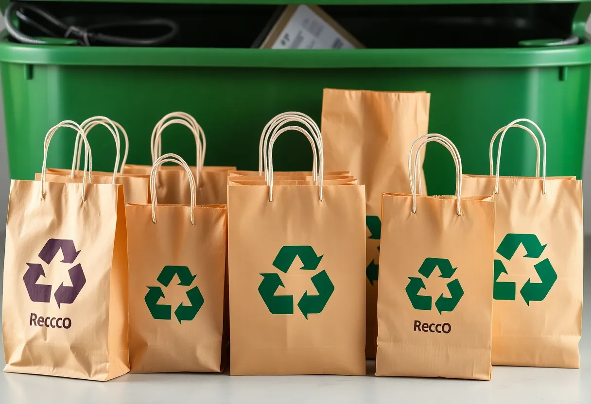 Paper gift bags suitable for recycling placed beside a recycling bin