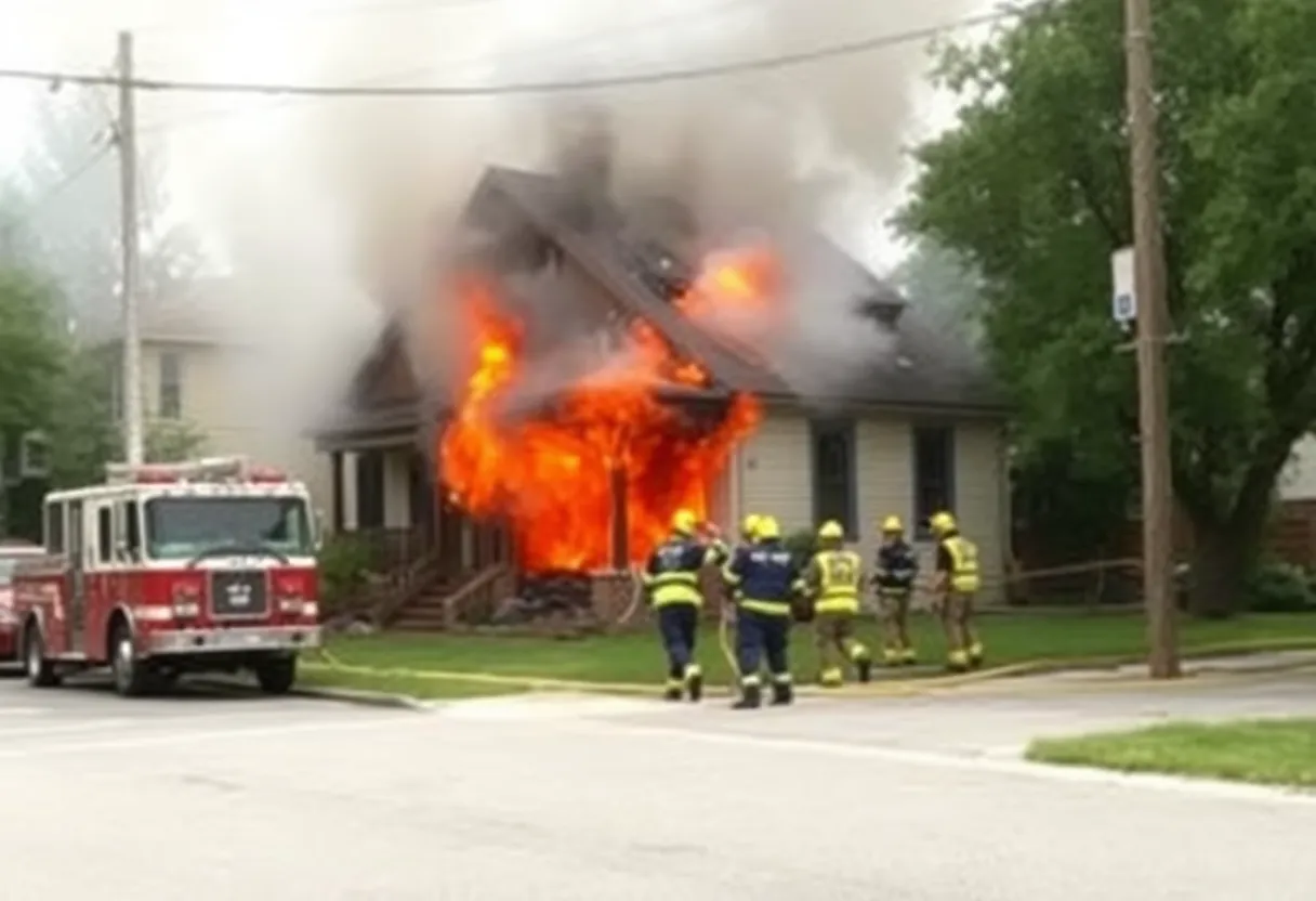 Firefighters responding to a house fire explosion with heavy smoke and damage visible