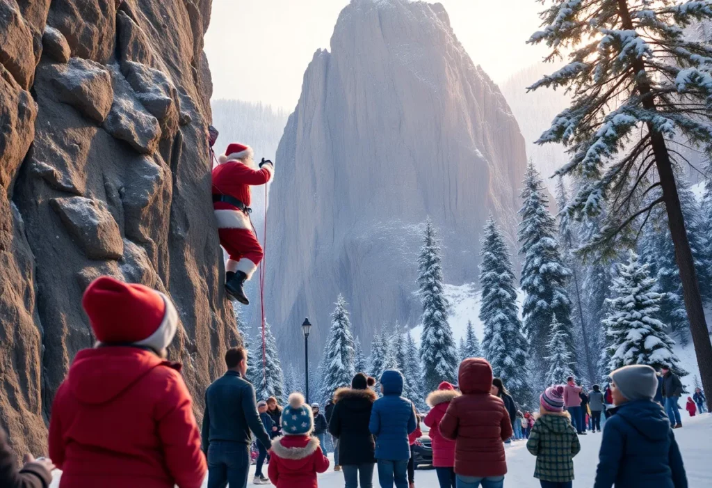 Santa Claus rappelling down Chimney Rock amidst holiday festivities.