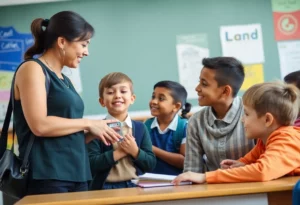 A school social worker providing support to students in a classroom.