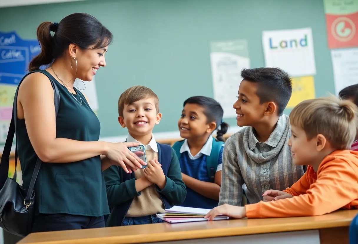 A school social worker providing support to students in a classroom.