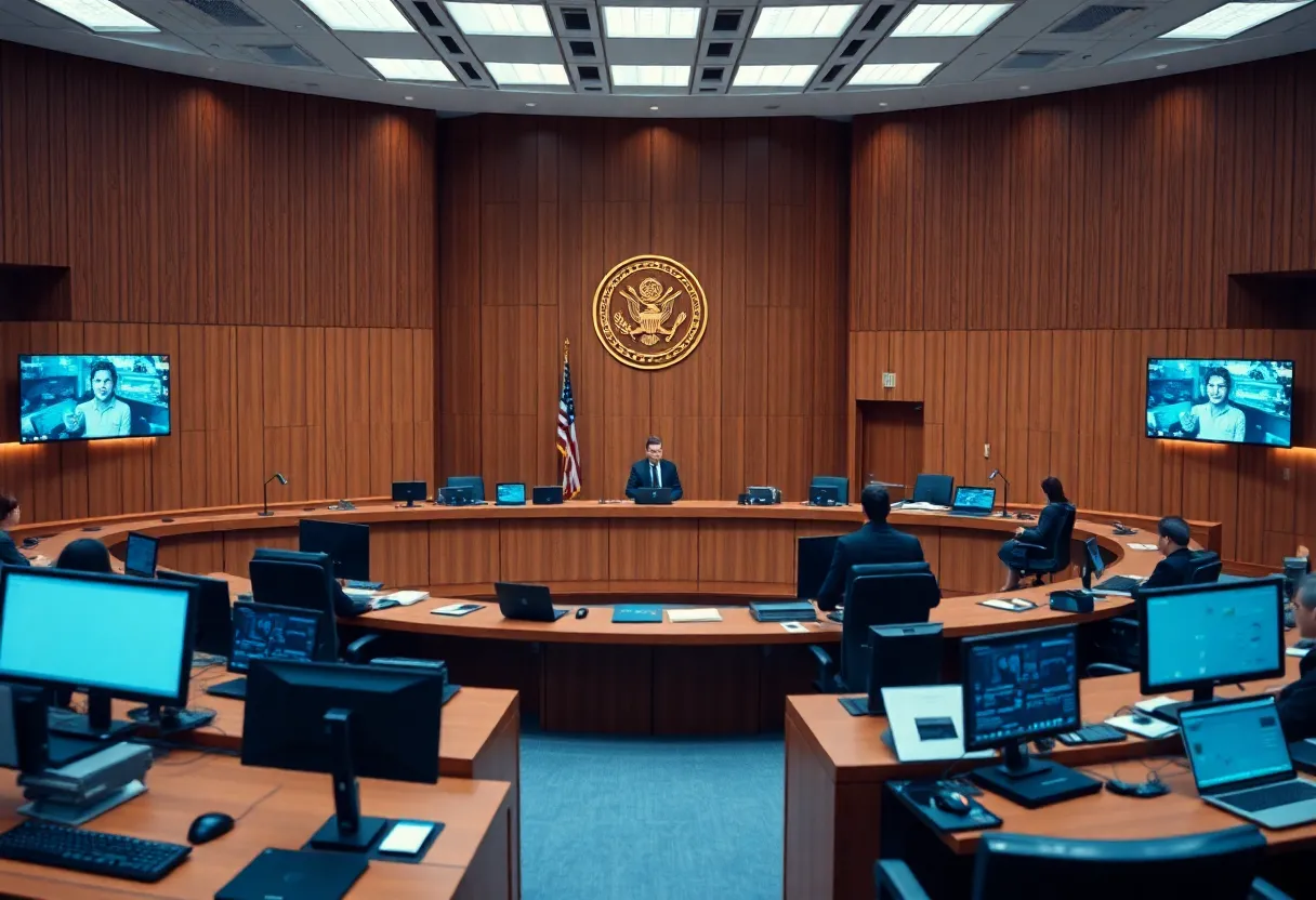 A virtual courtroom representation with advanced security features.