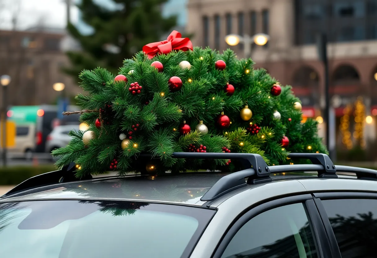 Christmas tree securely tied to the roof of a car on a road
