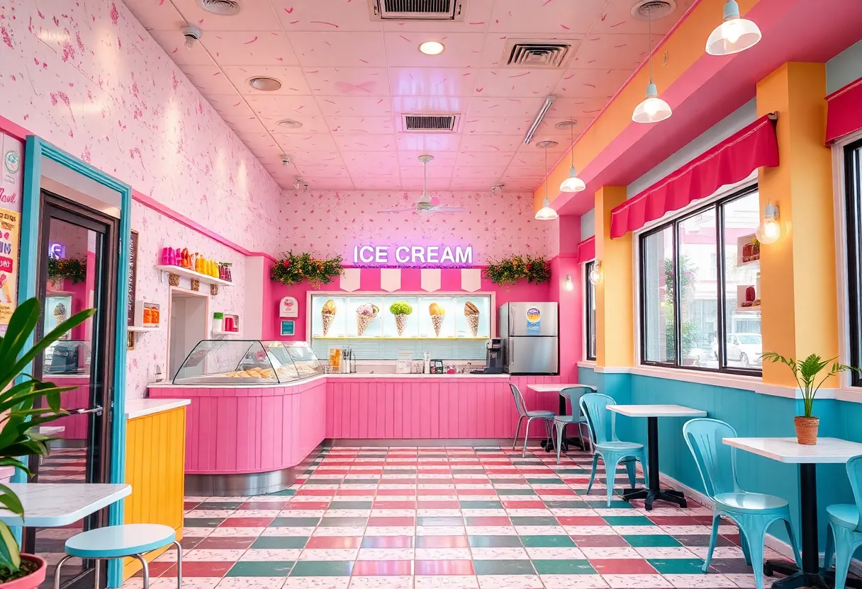 Interior view of Seemingly Overzealous ice cream shop with colorful decor and seating.