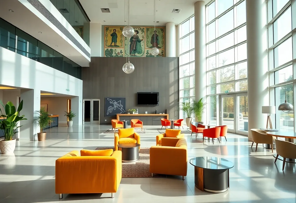 Modern Sheraton Charlotte Hotel lobby with contemporary design.