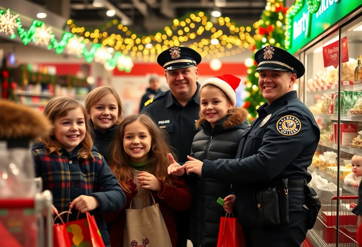 Children shopping with police officers during the Shop with a Cop event