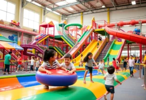 Families having fun at Slick City Action Park with indoor slides and activities.