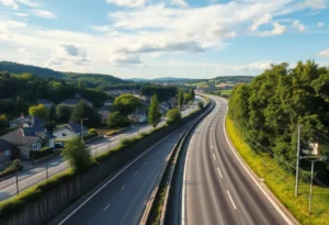 Residential area with sound barriers alongside a busy road