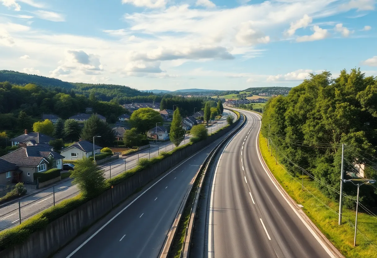 Residential area with sound barriers alongside a busy road