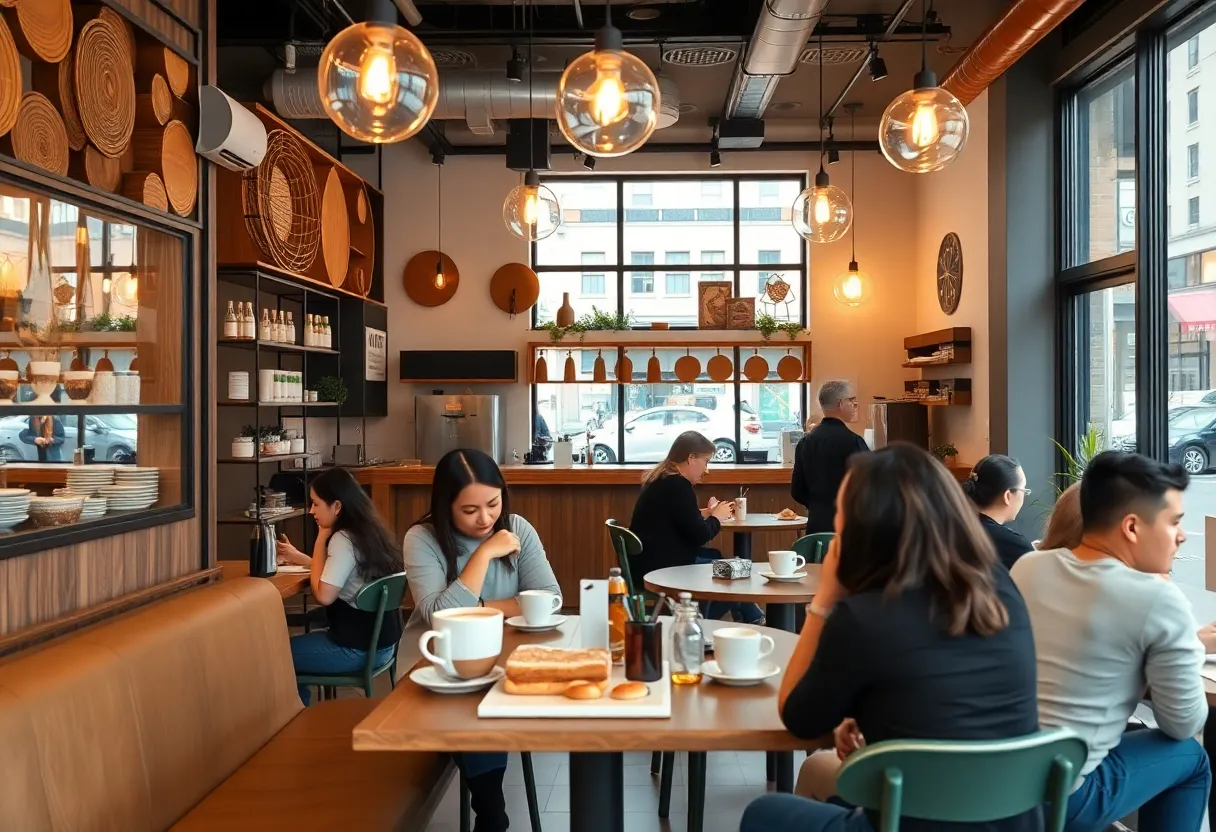 Interior of a vibrant specialty cafe in Charlotte, NC with diverse customers.