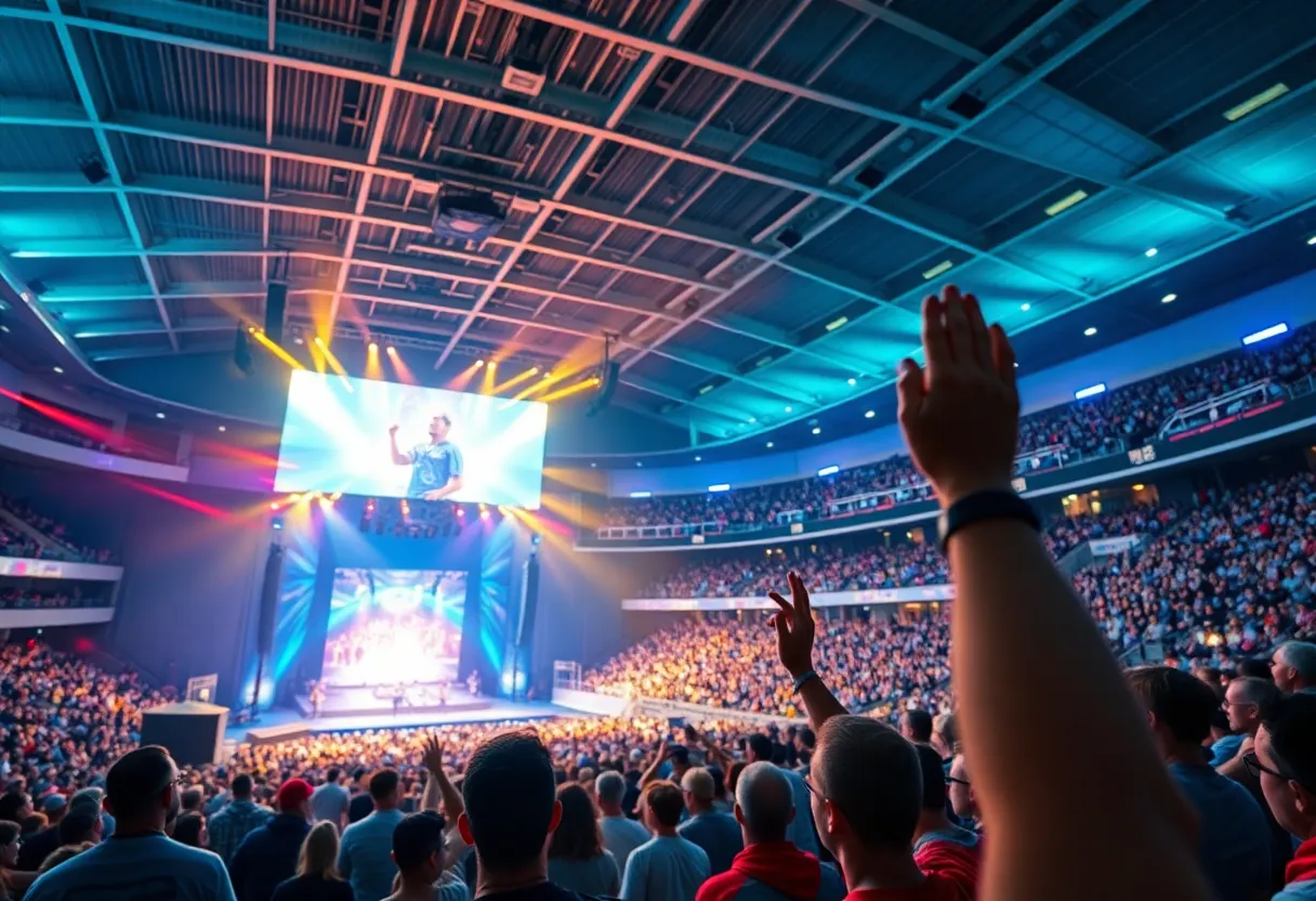 Interior view of the Spectrum Center showing fans and upgraded seating after renovation.