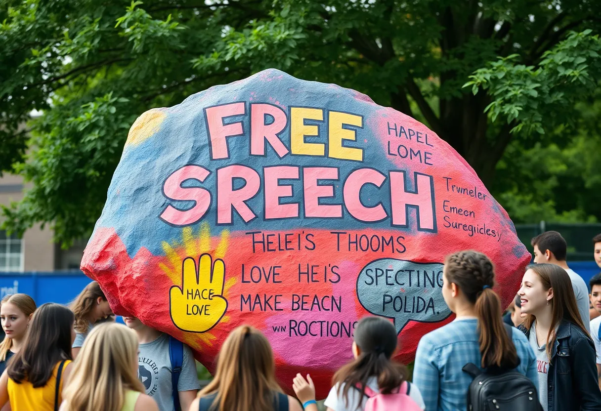 A vibrant school spirit rock displaying messages of free speech and positivity