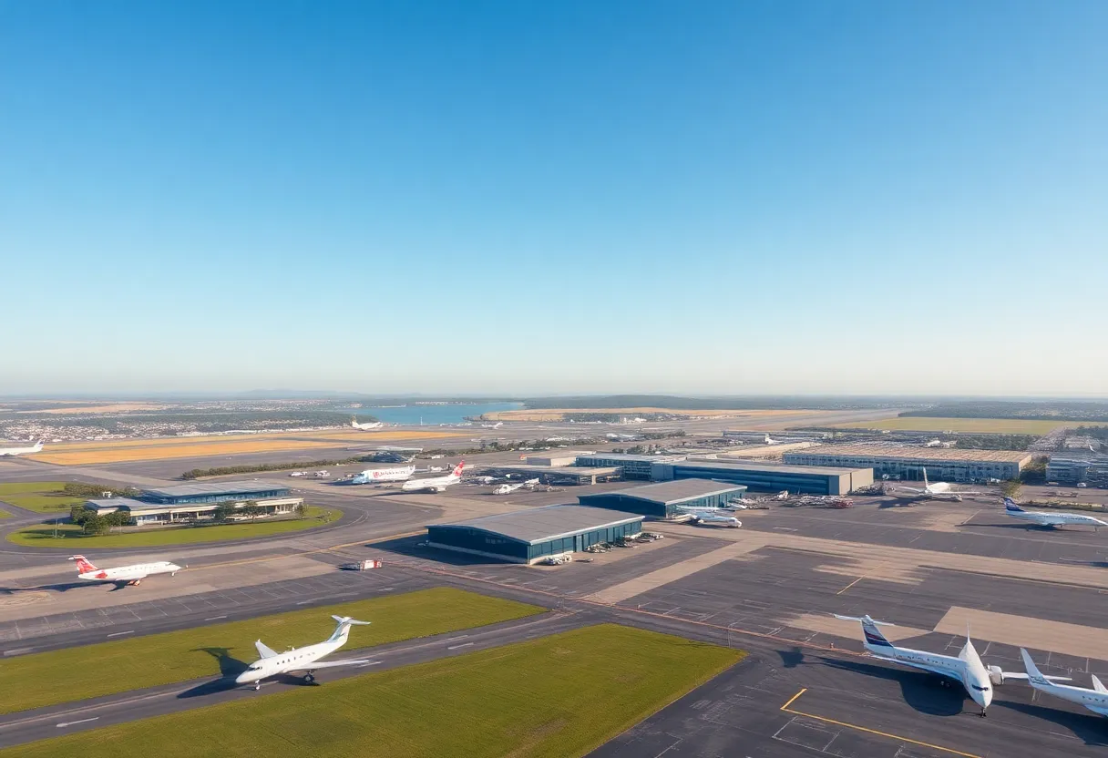 Aerial view of Statesville Regional Airport with active aircraft.