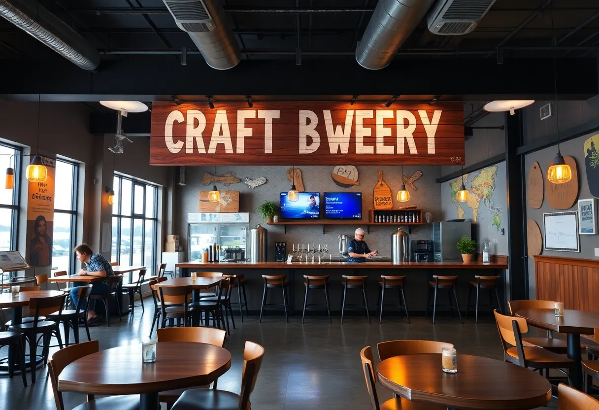 Artistic rendering of a craft brewery taproom in an airport setting