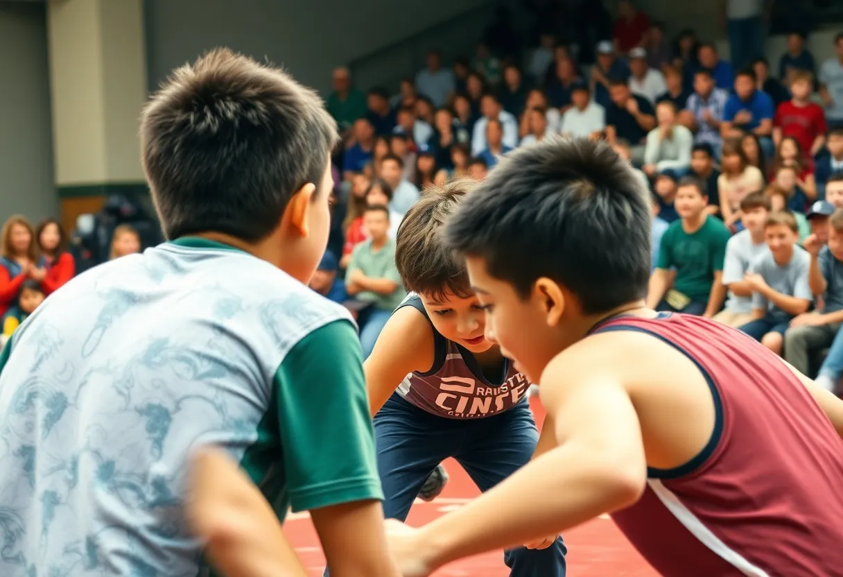 Youth athletes competing in the Tom Keating Memorial Wrestling Tournament