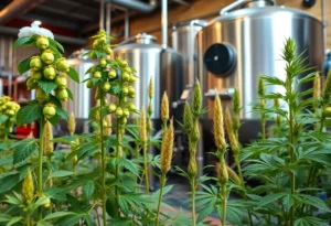 Triad brewery showcasing hemp plants and brewing equipment