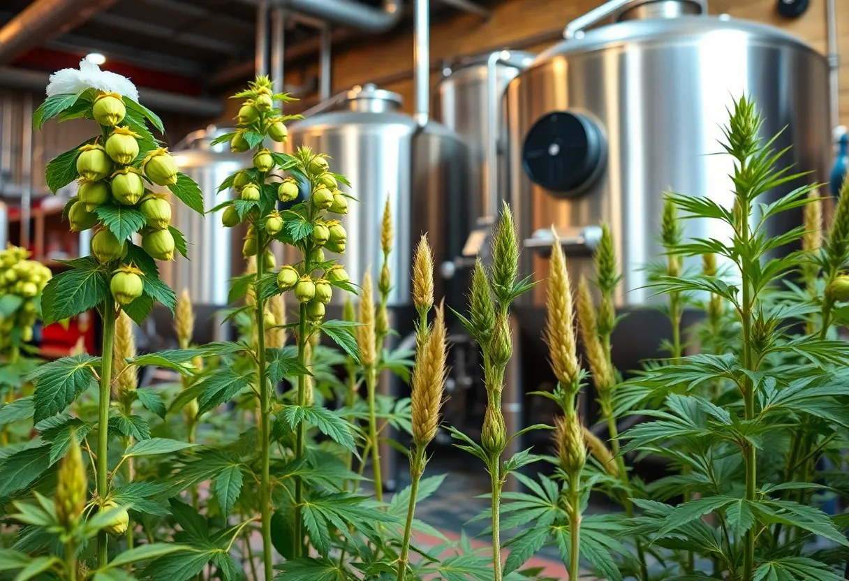 Triad brewery showcasing hemp plants and brewing equipment