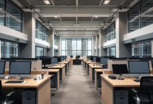 Empty desks in a Truist Financial office representing workforce reductions