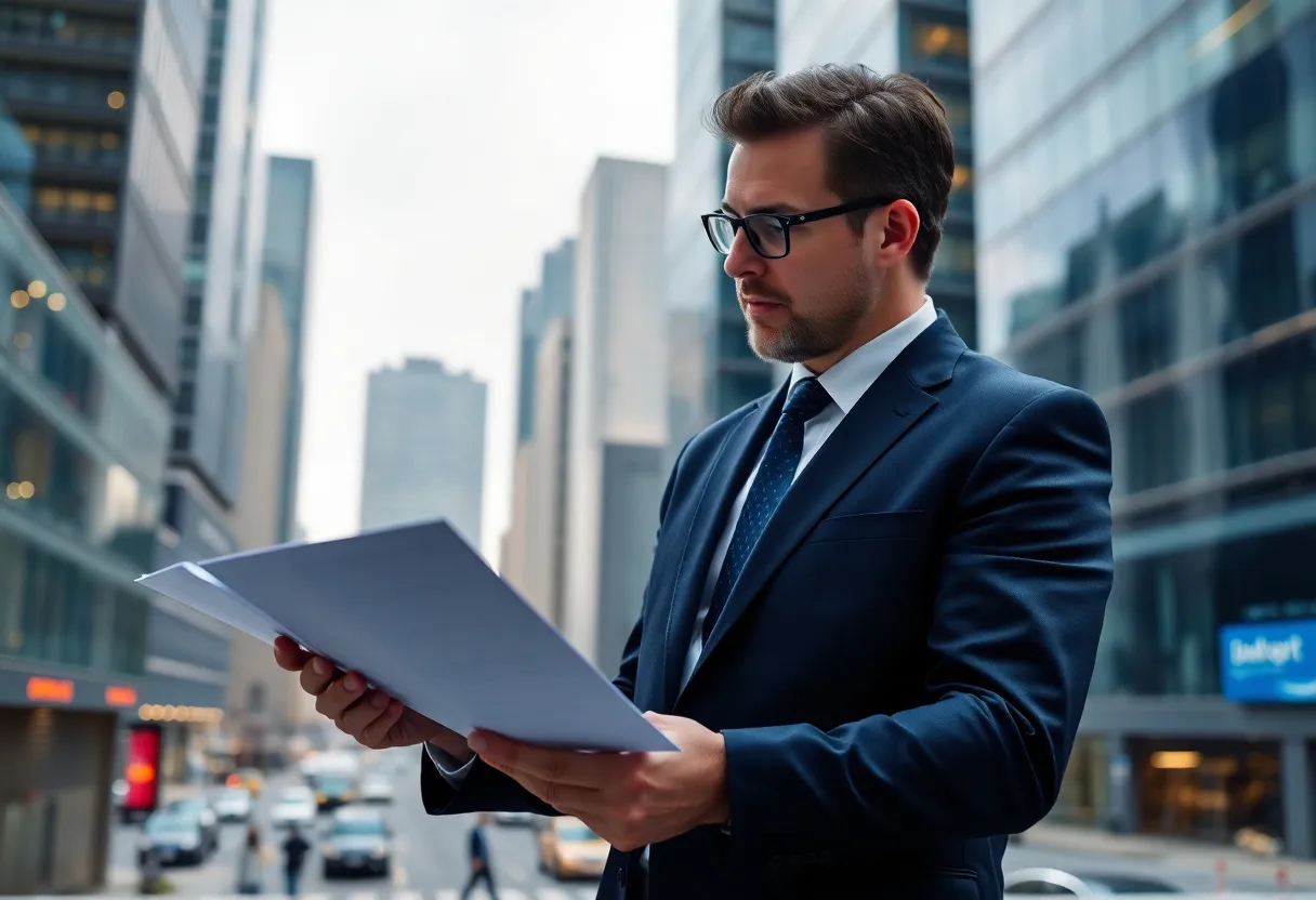 Financial analyst discussing stock repurchase programs in front of a financial district.
