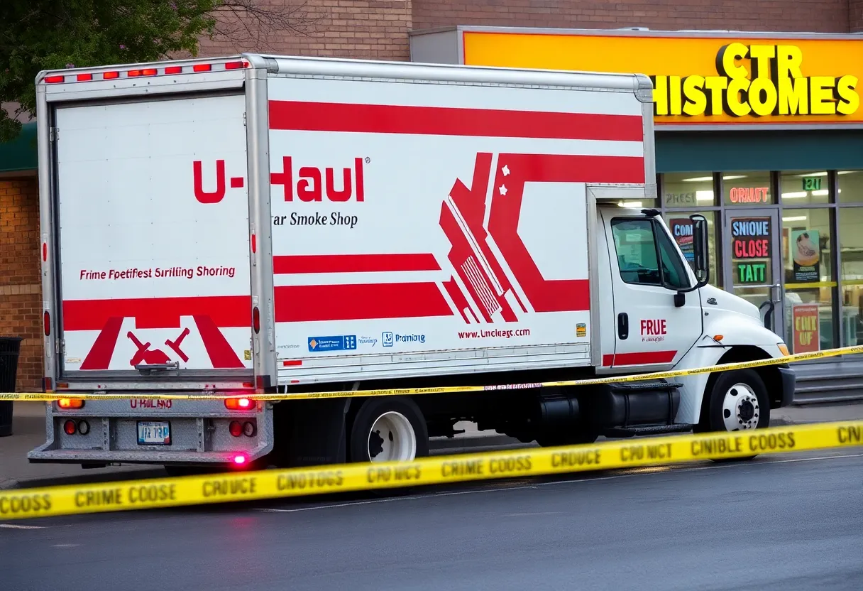 U-Haul truck parked in front of a smoke shop with police tape