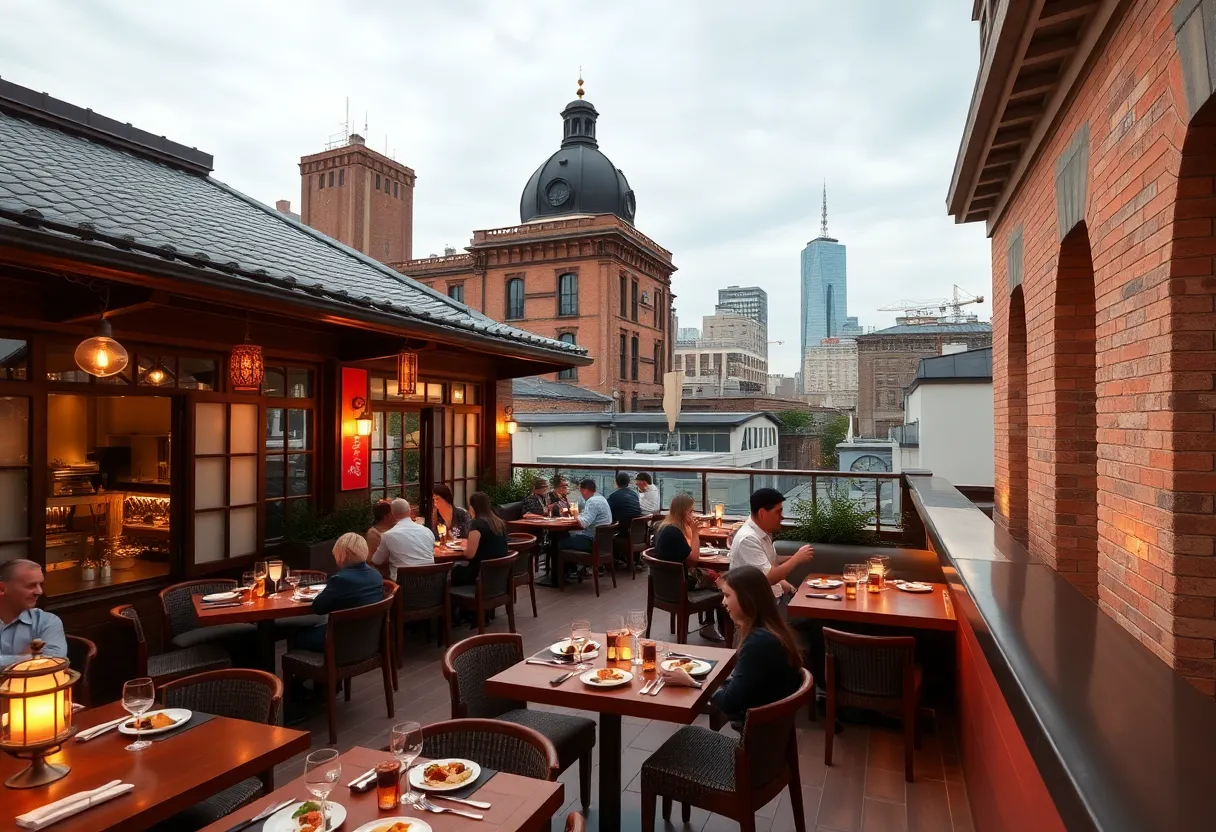 A view of Uchibā rooftop bar and dining area with guests enjoying Japanese cuisine.