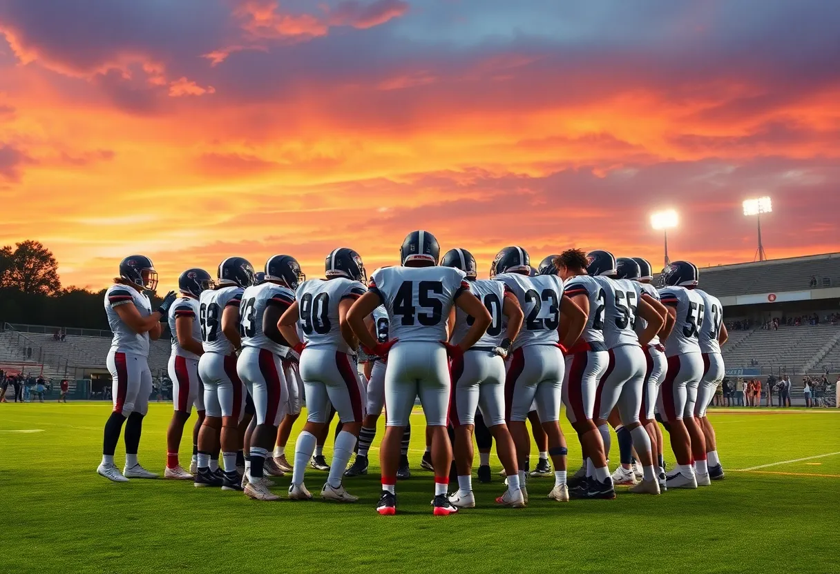 UNC Tar Heels football team huddle with determination