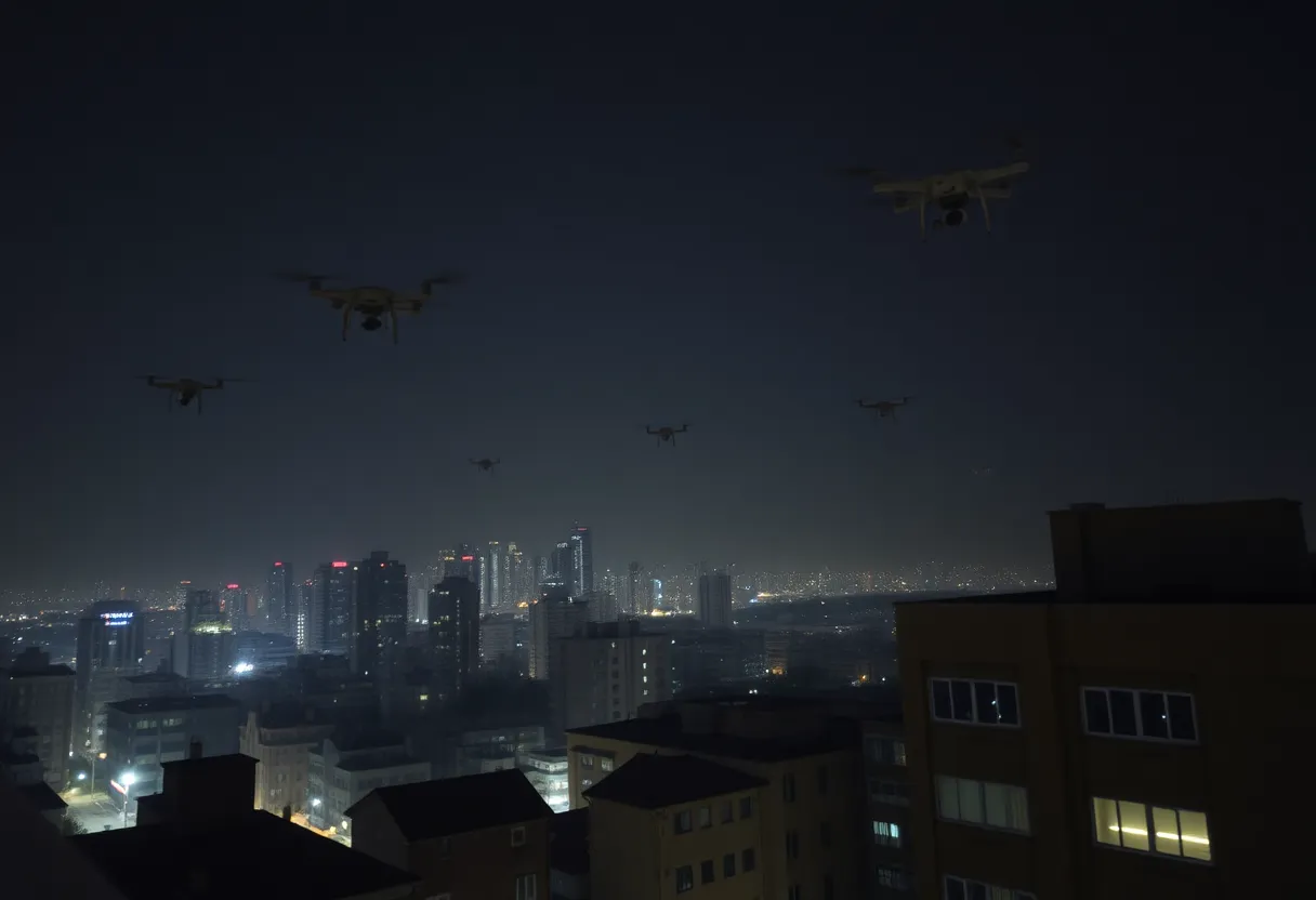 Night view of Charlotte with unidentified drones in the sky