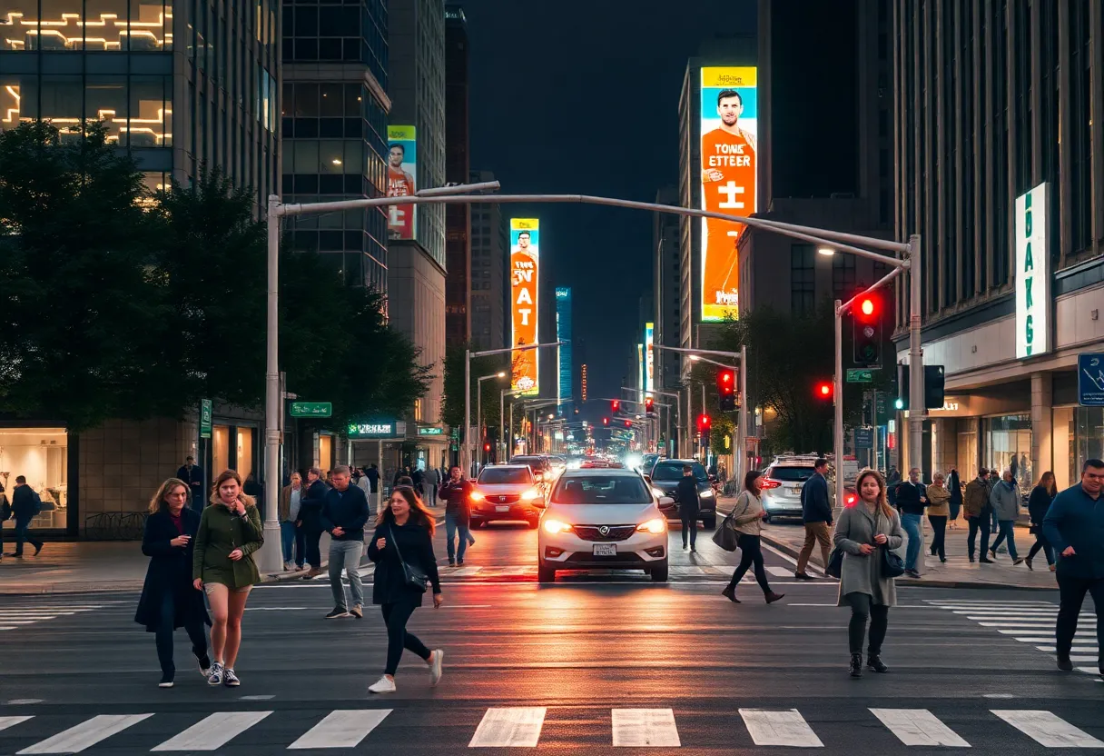 Nighttime scene showing pedestrians and vehicles in Uptown Charlotte.