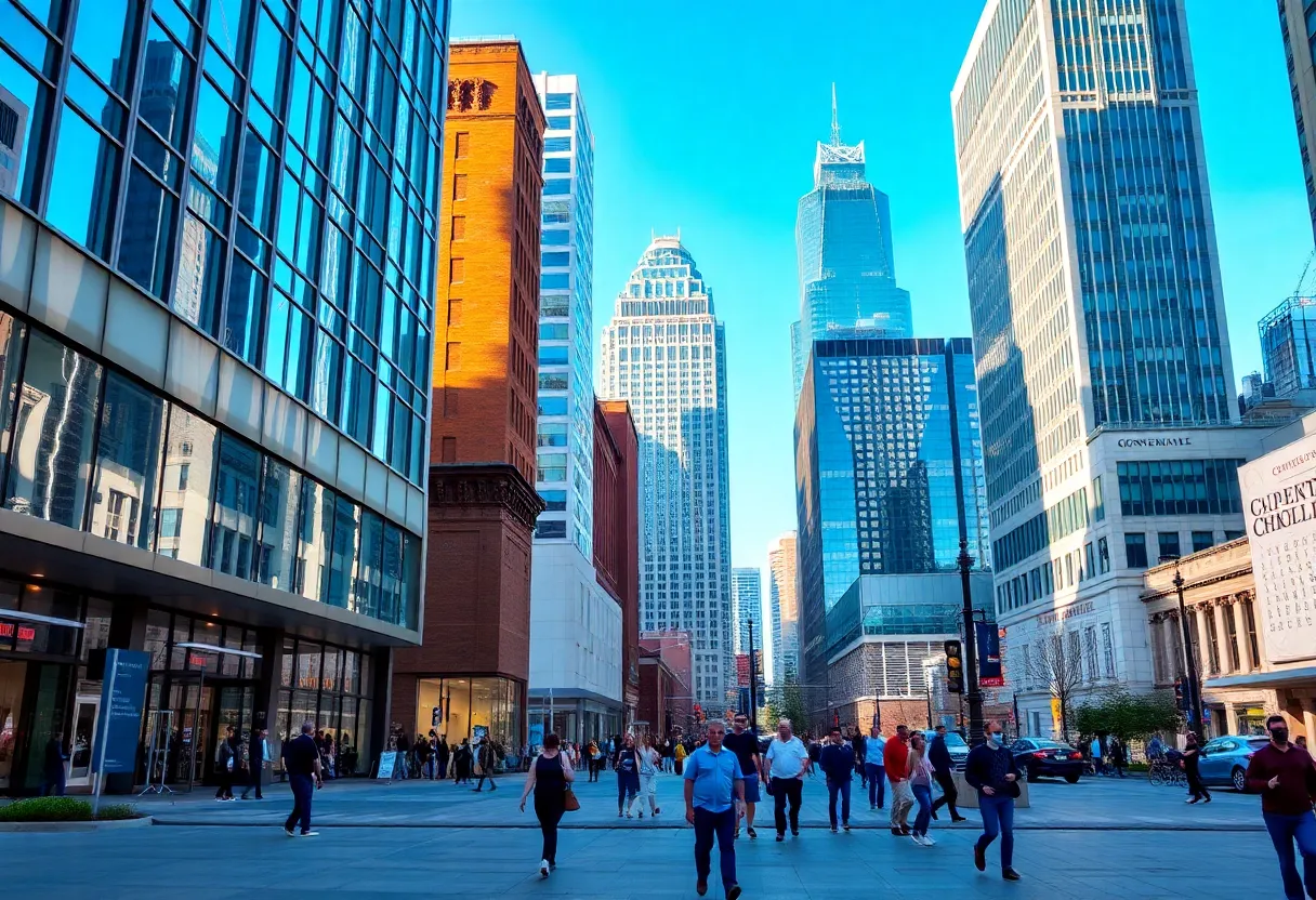 Cityscape of uptown Charlotte with modern buildings and people.