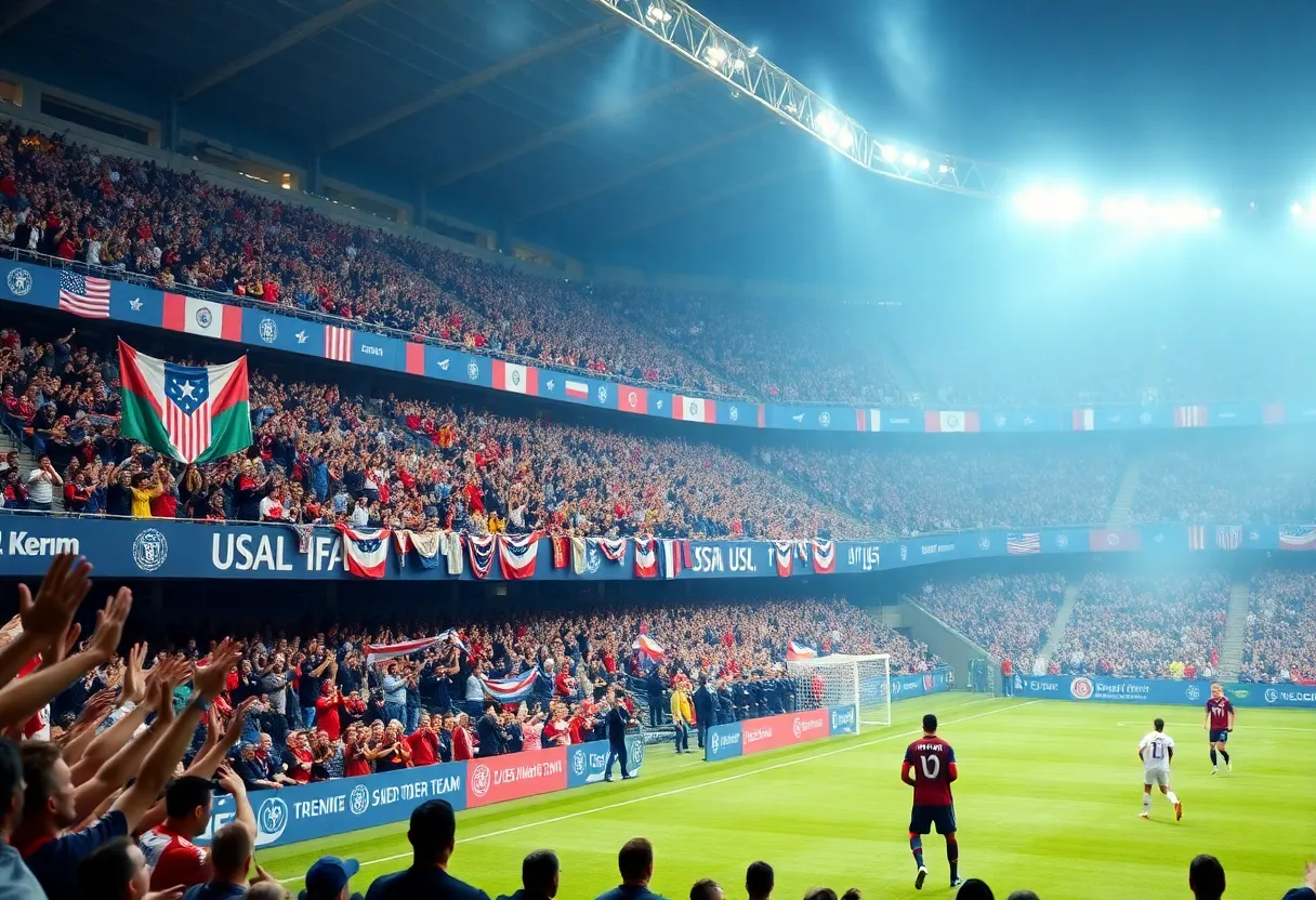 Crowd at a soccer match with US Men's National Team players in action