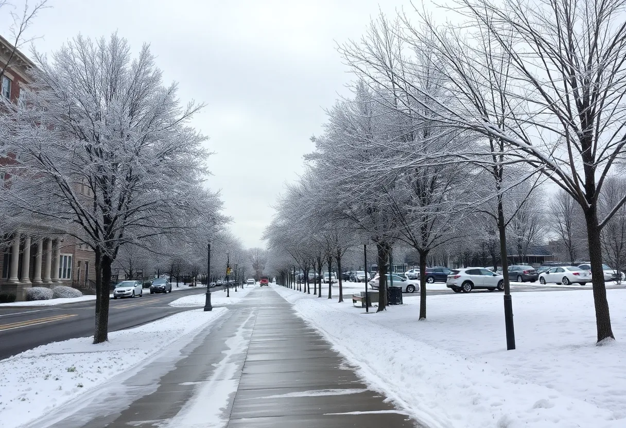 Snow-covered trees and icy sidewalks in Winston-Salem