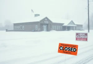Closed school building covered in snow due to winter storm