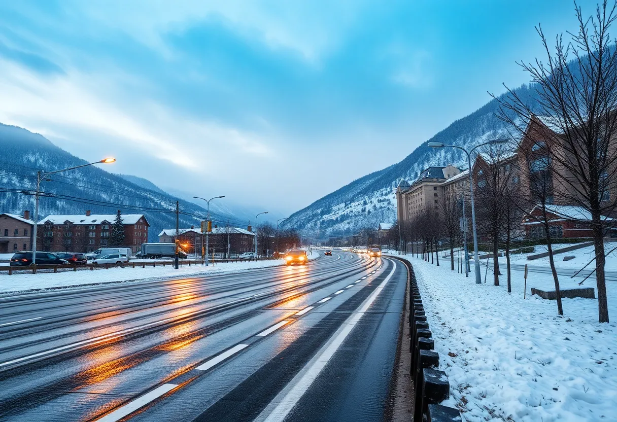 Winter weather advisory with icy roads and rain in mountainous region