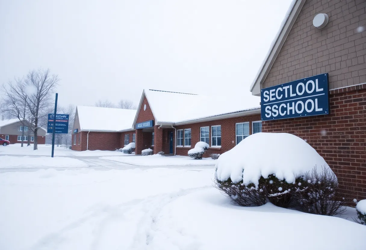 A wintery school landscape affected by snow, reflecting the transition to remote learning.