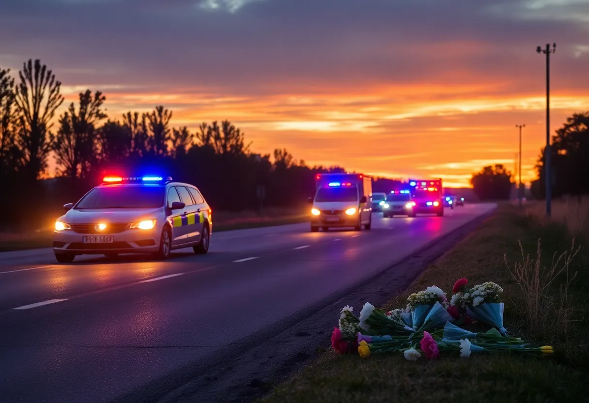 Memorial flowers at the site of a tragic car accident in York County