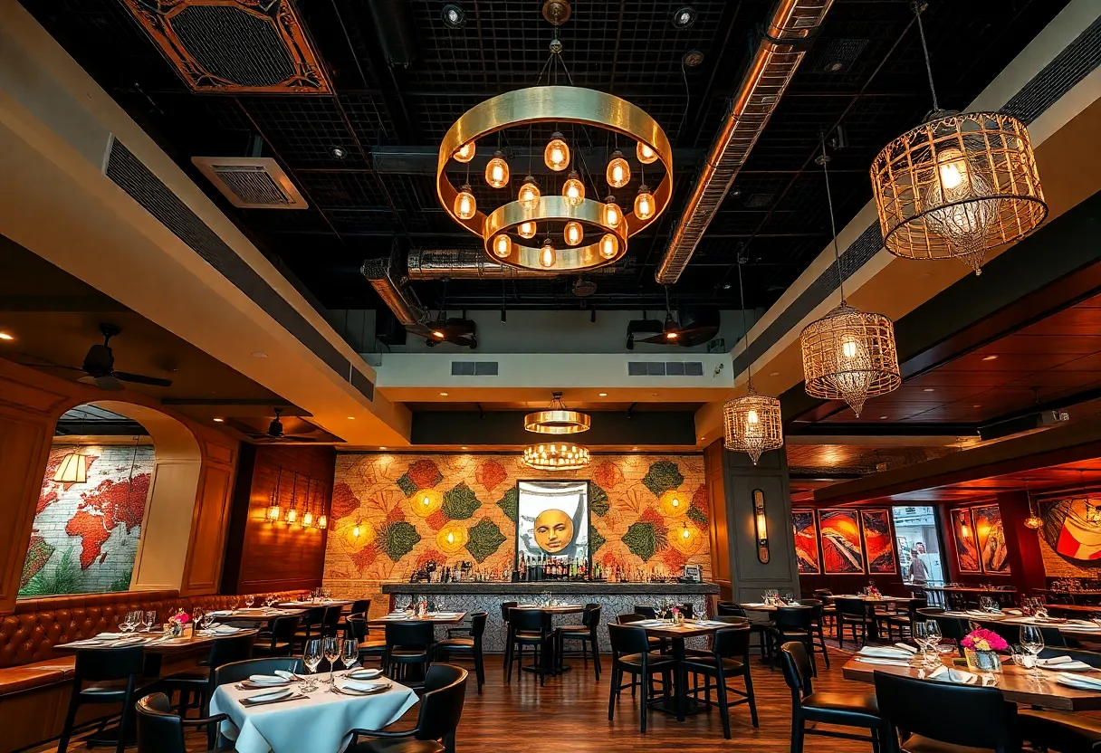 Interior of Zamindar's Indian restaurant featuring dining areas and a bar in Charlotte