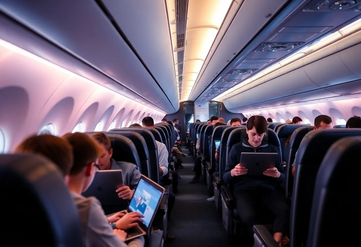 Passengers using laptops with in-flight Wi-Fi in an American Airlines plane