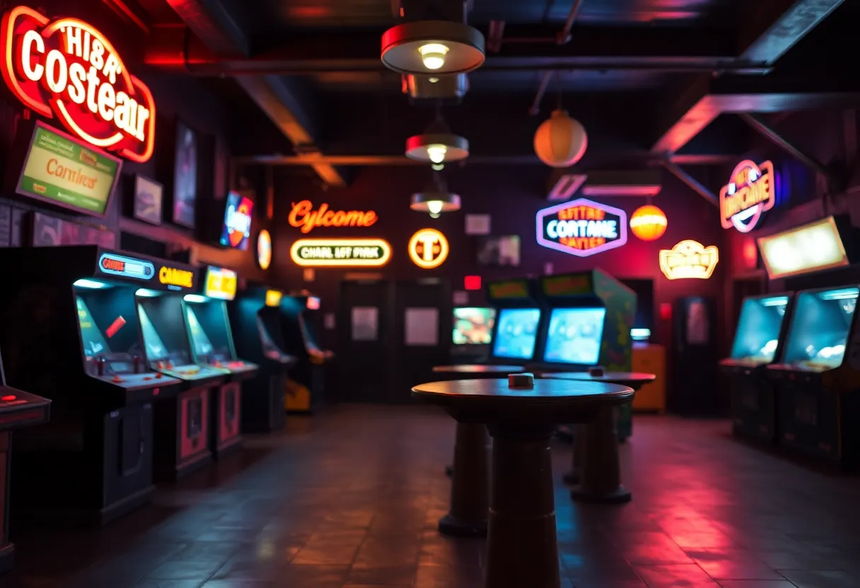 Interior of a popular arcade bar in Charlotte with neon lights