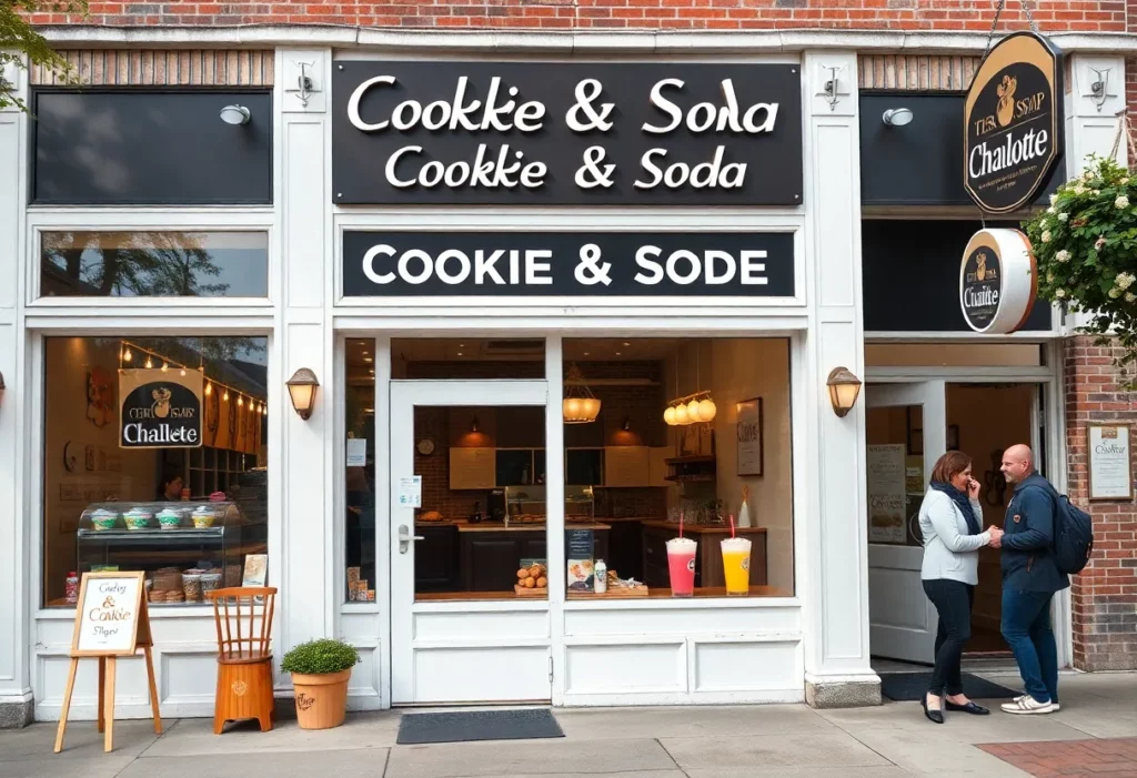 Exterior view of a cookie and soda shop in Ballantyne, Charlotte