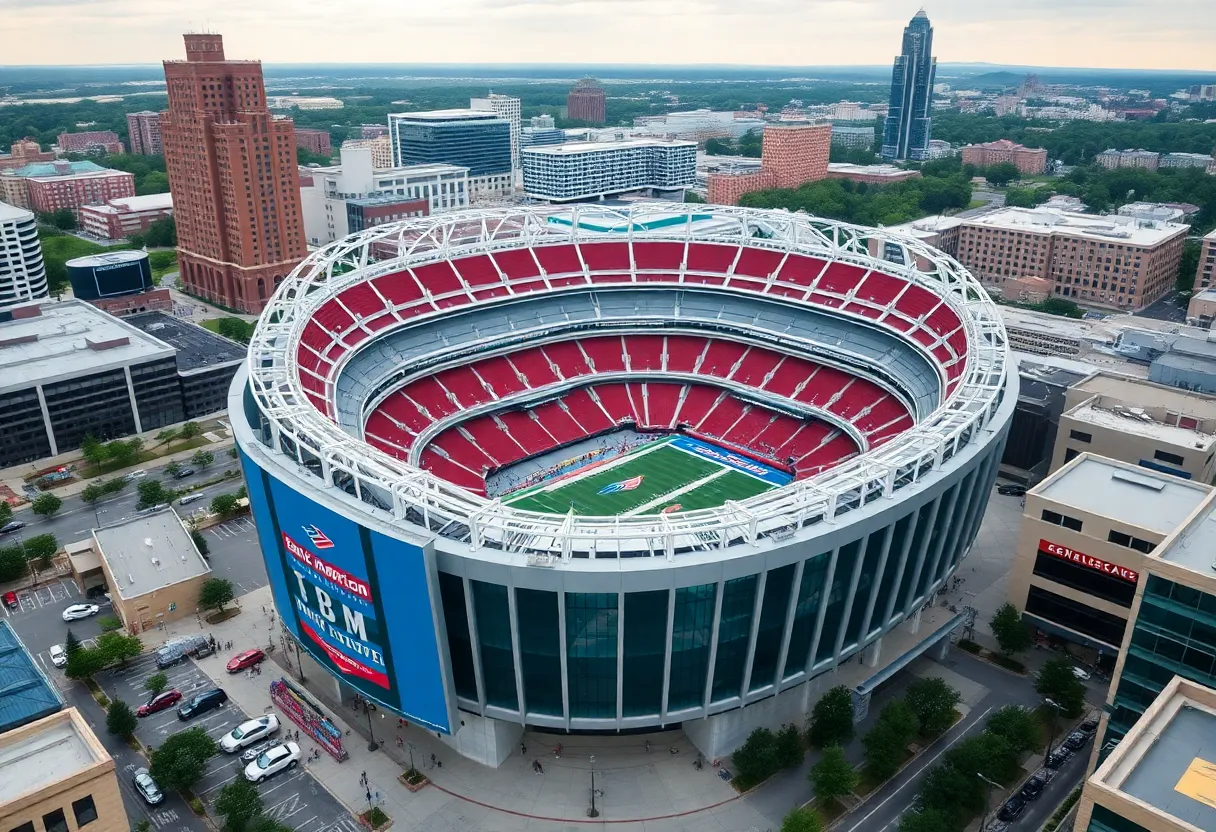 Aerial view of Bank of America Stadium undergoing renovation in Charlotte, NC.
