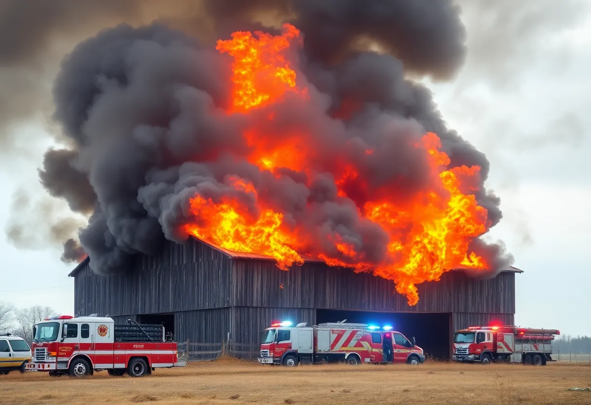 A barn ablaze in Concord, NC with emergency services responding.