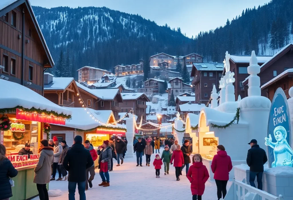 Families enjoying Blowing Rock WinterFest with ice sculptures and festive decorations.