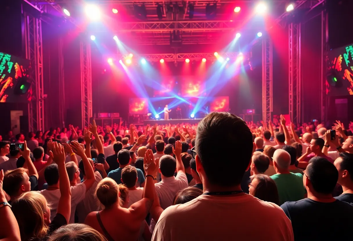 Scene from Bruno Mars' Romantic Tour featuring a lively concert atmosphere.