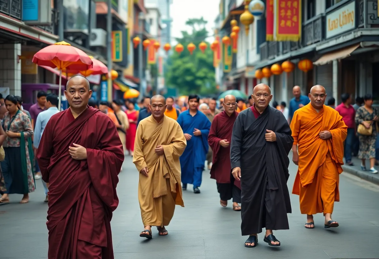 Buddhist monks walking through Charlotte to promote peace.