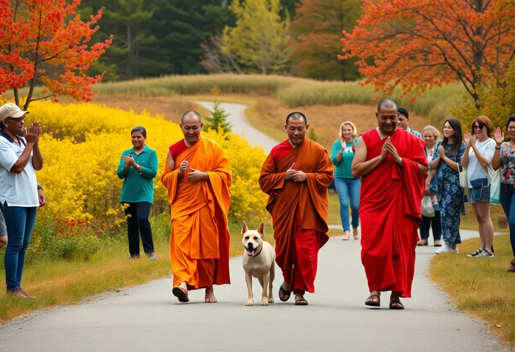 Buddhist monks walking with a dog through a North Carolina town, promoting peace and compassion.