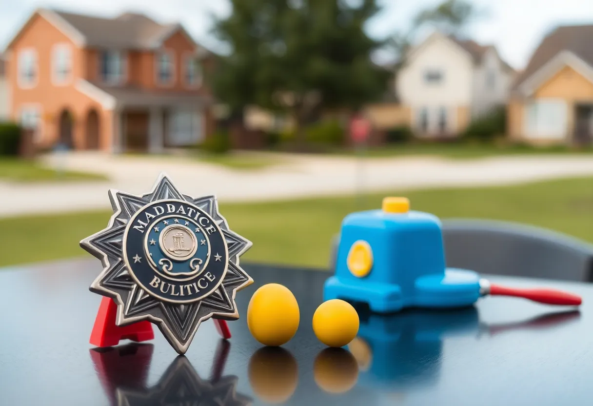 Police badge and child's toy representing justice and child safety