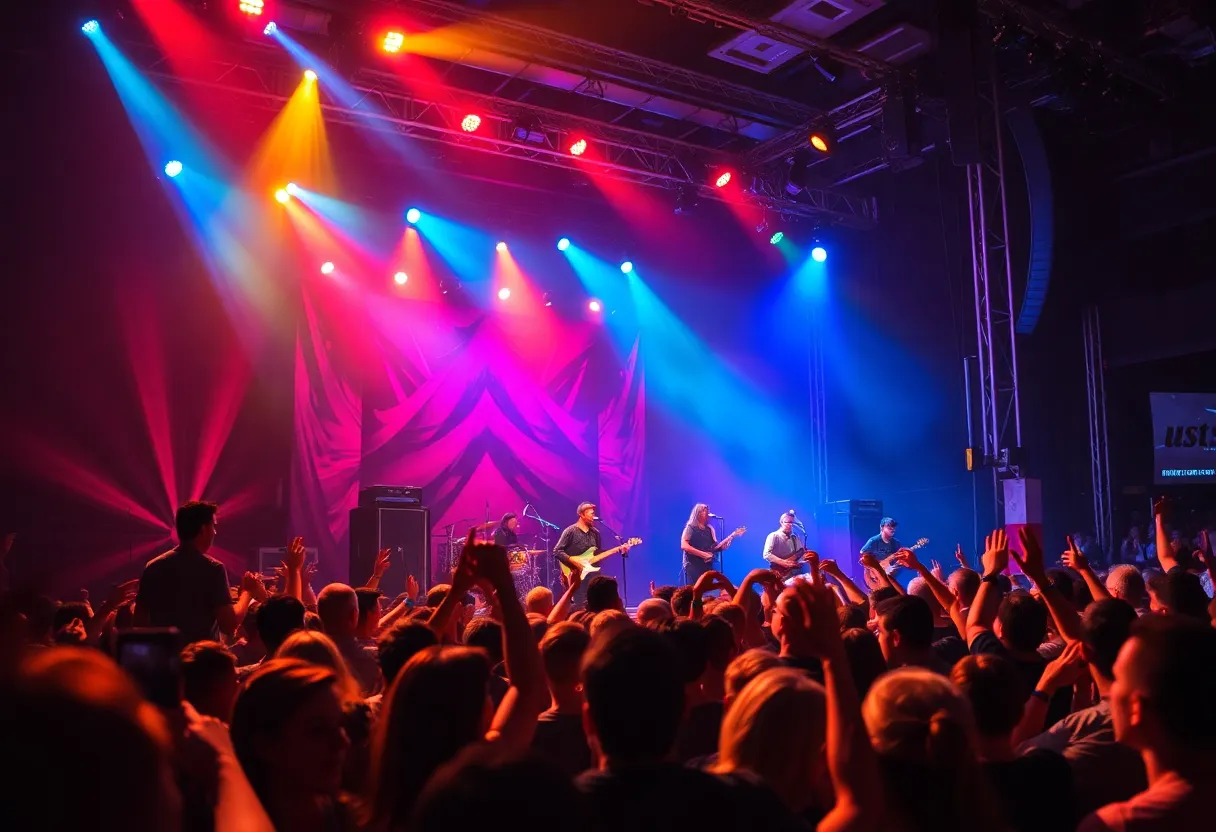 Bush performing live during the Land of Milk and Honey Tour with an audience enjoying the show