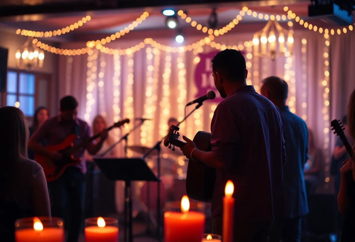 Musicians performing at a Candlelight Concert surrounded by LED candles.
