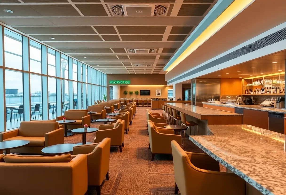 Interior view of the new Capital One Lounge in Charlotte Douglas International Airport, showcasing seating and amenities.