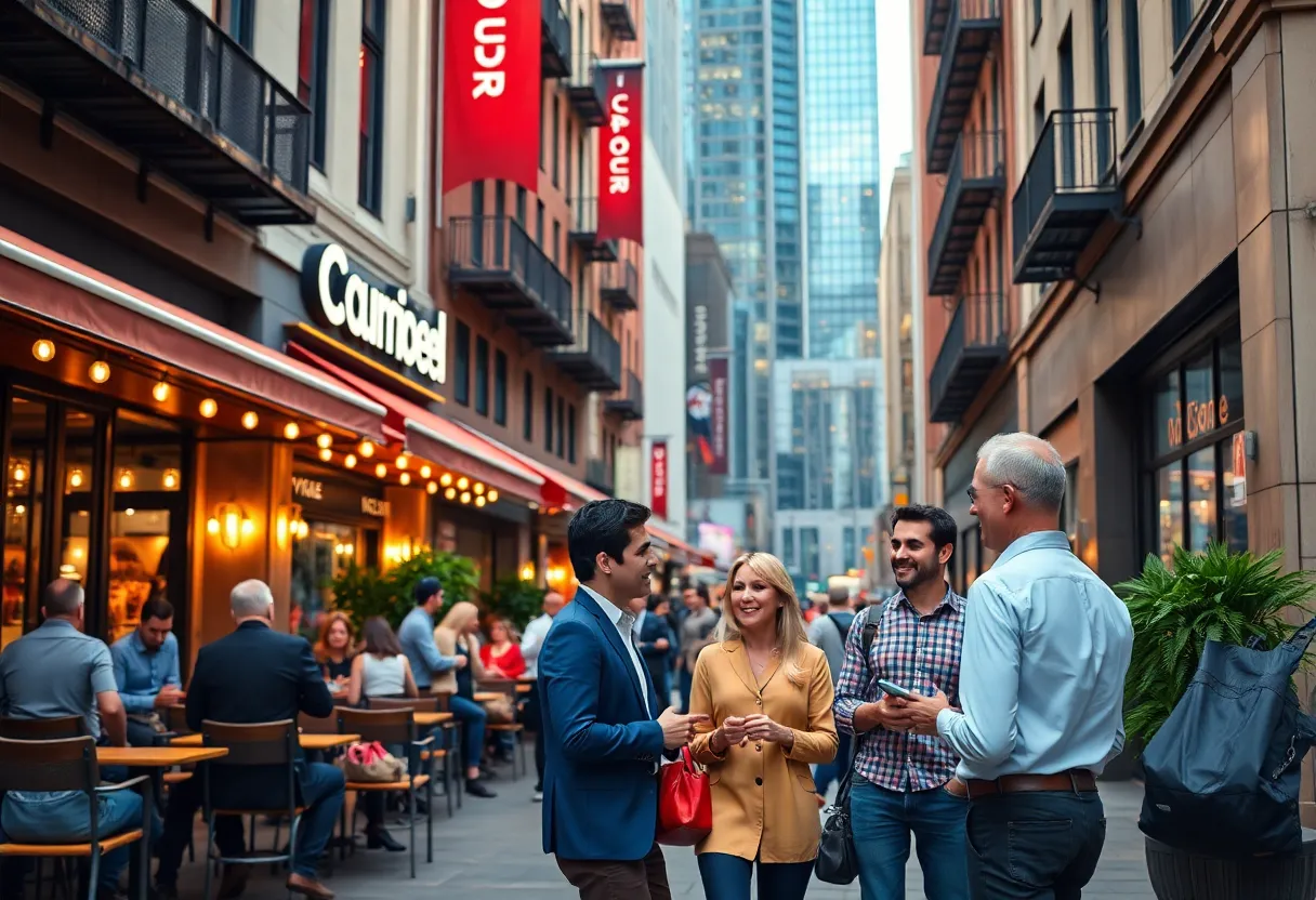 Cityscape of a thriving Carolina business district with new restaurants and entrepreneurs.